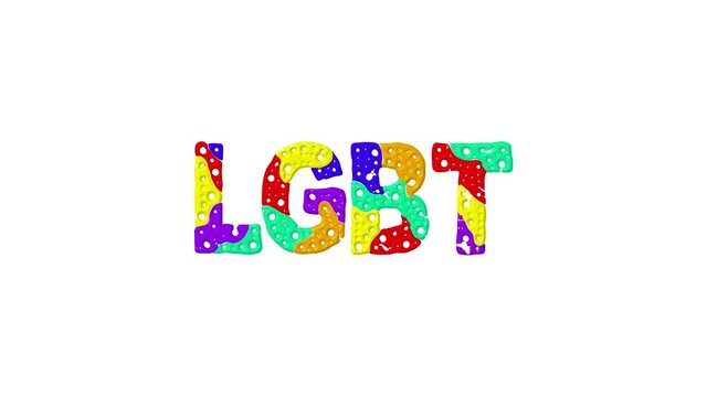 LGBT. Colorful animated text isolated on White background. 4K video. Rainbow colors. Liquid gel effect. LGBT for social network media, title video intro.