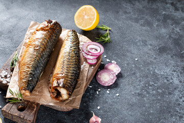 Mackerel, smoked fish with omega 3 fat, bar food. Top view, copy space