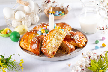Easter traditional sweet bread and eggs. Orthodox Christian Easter tradition