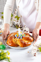 Easter traditional sweet bread and eggs. Orthodox Christian Easter tradition