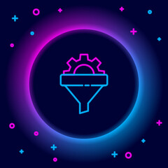 Glowing neon line Sales funnel with arrows for marketing and startup business icon isolated on black background. Infographic template. Colorful outline concept. Vector