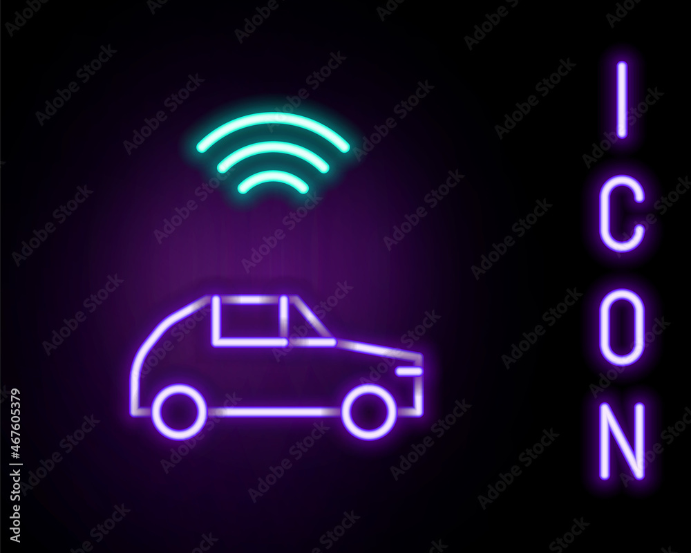 Sticker Glowing neon line Smart car system with wireless connection icon isolated on black background. Colorful outline concept. Vector