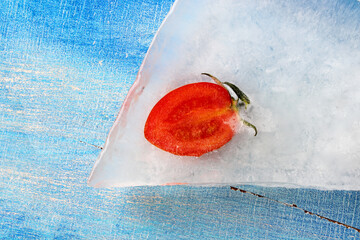 a slice of tomato frozen on ice