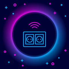 Glowing neon line Smart electrical outlet system icon isolated on black background. Power socket. Internet of things concept with wireless connection. Colorful outline concept. Vector