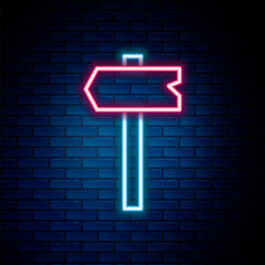 Glowing neon line Road traffic sign. Signpost icon isolated on brick wall background. Pointer symbol. Isolated street information sign. Direction sign. Colorful outline concept. Vector