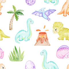 watercolor cute dinosaurs and palms seamless pattern on white background. © dreamloud