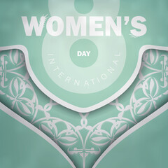 March 8 holiday card in mint color with luxurious white pattern