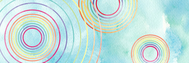 Blue watercolor background with colorful rainbow circles, abstract modern background design with geometric graphic art