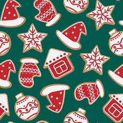 Vector seamless pattern. Red, white Christmas cookies isolated on green background.