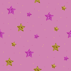 Fototapeta na wymiar Gold glitter stars isolated on pink background. Vector seamless pattern.