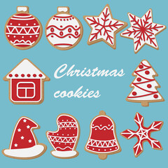 Vector set of cartoon Christmas cookies isolated on blue background.