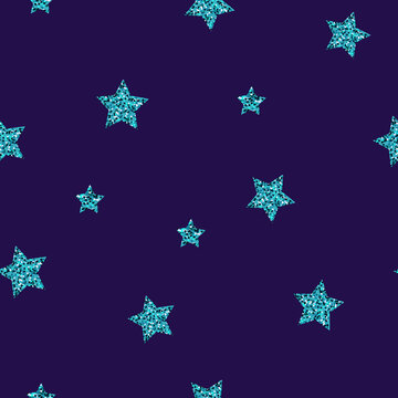 Vector seamless pattern. Shiny turquoise stars isolated on purple background.