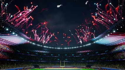 American football night stadium with fans iilluminated by colorful firework. High quality 4k footage - Powered by Adobe