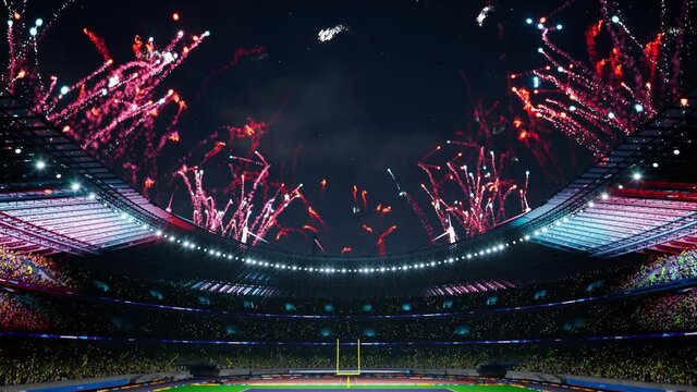 American football night stadium with fans iilluminated by colorful firework. High quality 4k footage