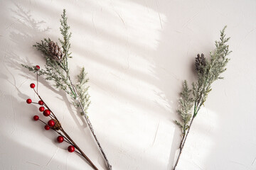 シンプルなクリスマスのインテリア リース 赤い実 松ぼっくり 白バック