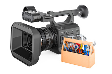 Television camera with toolbox. Service and repair of professional video cameras, 3D rendering
