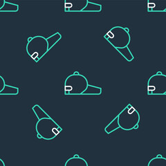Line Baseball cap icon isolated seamless pattern on black background. Sport equipment. Sports uniform. Vector