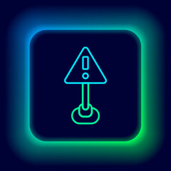 Glowing neon line Exclamation mark in triangle icon isolated on black background. Hazard warning sign, careful, attention, danger warning important sign. Colorful outline concept. Vector