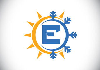 Initial E monogram alphabet with abstract sun and snow. Air conditioner logo sign symbol. Hot and cold symbol. Modern vector logo for conditioning business and company identity