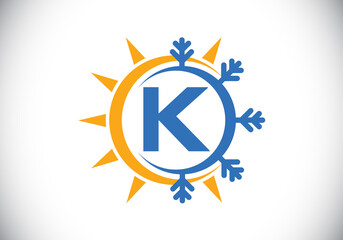 Initial K monogram alphabet with abstract sun and snow. Air conditioner logo sign symbol. Hot and cold symbol. Modern vector logo for conditioning business and company identity