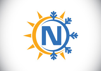 Initial N monogram alphabet with abstract sun and snow. Air conditioner logo sign symbol. Hot and cold symbol. Modern vector logo for conditioning business and company identity