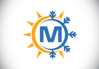 Initial M monogram alphabet with abstract sun and snow. Air conditioner logo sign symbol. Hot and cold symbol. Modern vector logo for conditioning business and company identity