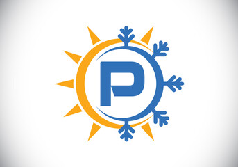 Initial P monogram alphabet with abstract sun and snow. Air conditioner logo sign symbol. Hot and cold symbol. Modern vector logo for conditioning business and company identity
