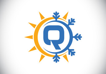 Initial Q monogram alphabet with abstract sun and snow. Air conditioner logo sign symbol. Hot and cold symbol. Modern vector logo for conditioning business and company identity