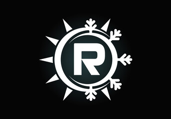 Initial R monogram alphabet with abstract sun and snow. Air conditioner logo sign symbol. Hot and cold symbol. Modern vector logo for conditioning business and company identity