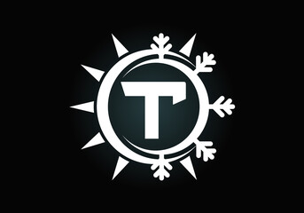 Initial T monogram alphabet with abstract sun and snow. Air conditioner logo sign symbol. Hot and cold symbol. Modern vector logo for conditioning business and company identity