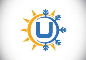 Initial U monogram alphabet with abstract sun and snow. Air conditioner logo sign symbol. Hot and cold symbol. Modern vector logo for conditioning business and company identity