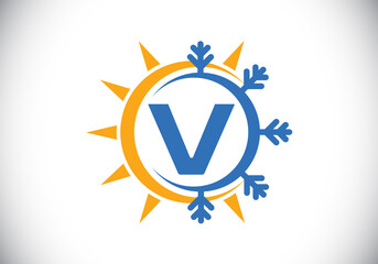 Initial V monogram alphabet with abstract sun and snow. Air conditioner logo sign symbol. Hot and cold symbol. Modern vector logo for conditioning business and company identity