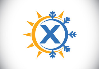 Initial X monogram alphabet with abstract sun and snow. Air conditioner logo sign symbol. Hot and cold symbol. Modern vector logo for conditioning business and company identity