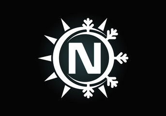 Initial N monogram alphabet with abstract sun and snow. Air conditioner logo sign symbol. Hot and cold symbol. Modern vector logo for conditioning business and company identity