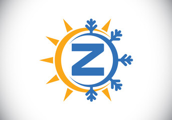 Initial Z monogram alphabet with abstract sun and snow. Air conditioner logo sign symbol. Hot and cold symbol. Modern vector logo for conditioning business and company identity