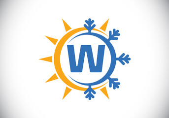 Initial W monogram alphabet with abstract sun and snow. Air conditioner logo sign symbol. Hot and cold symbol. Modern vector logo for conditioning business and company identity