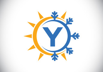 Initial Y monogram alphabet with abstract sun and snow. Air conditioner logo sign symbol. Hot and cold symbol. Modern vector logo for conditioning business and company identity
