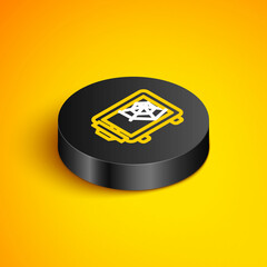 Isometric line Safe icon isolated on yellow background. The door safe a bank vault with a combination lock. Reliable Data Protection. Black circle button. Vector