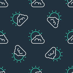 Line Sun and cloud weather icon isolated seamless pattern on black background. Vector
