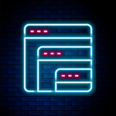 Glowing neon line Software, web developer programming code icon isolated on brick wall background. Javascript computer script random parts of program code. Colorful outline concept. Vector