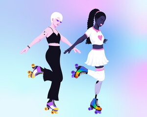 Fototapeta na wymiar Two multiracial women with disability roller skating together