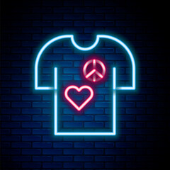 Glowing neon line Peace symbol t-shirt print stamp icon isolated on brick wall background. Colorful outline concept. Vector