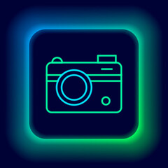 Glowing neon line Photo camera icon isolated on black background. Foto camera. Digital photography. Colorful outline concept. Vector