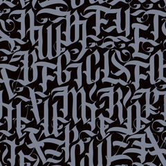 Decorative seamless pattern of capital Gothic letters in grunge style. Repeating background with grey ornate Latin letters on black backdrop. Vector texture, wallpaper, wrapping paper or fabric design