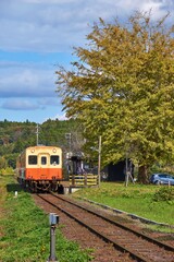 Obraz premium 銀杏の紅葉とレトロ列車 小湊鉄道 上総久保駅