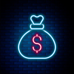 Glowing neon line Money bag icon isolated on brick wall background. Dollar or USD symbol. Cash Banking currency sign. Colorful outline concept. Vector