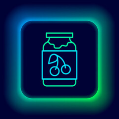 Glowing neon line Jam jar icon isolated on black background. Colorful outline concept. Vector