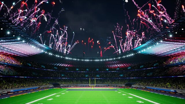 American football night stadium with fans iilluminated by colorful firework. High quality 4k footage