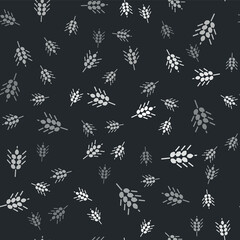 Grey Cereals set with rice, wheat, corn, oats, rye, barley icon isolated seamless pattern on black background. Ears of wheat bread symbols. Vector
