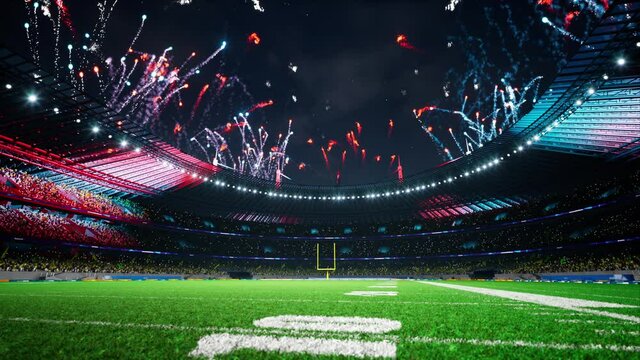 American football night stadium with fans iilluminated by colorful firework. High quality 4k footage
